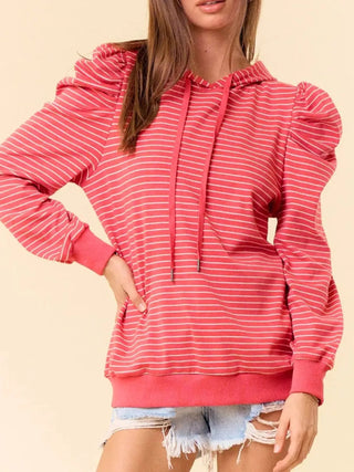 Striped Puff Sleeve Hoodie with Drawstring - A Roese Boutique