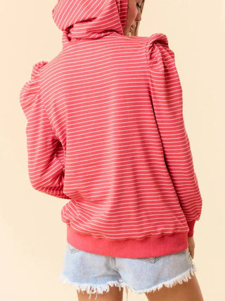 Striped Puff Sleeve Hoodie with Drawstring - A Roese Boutique