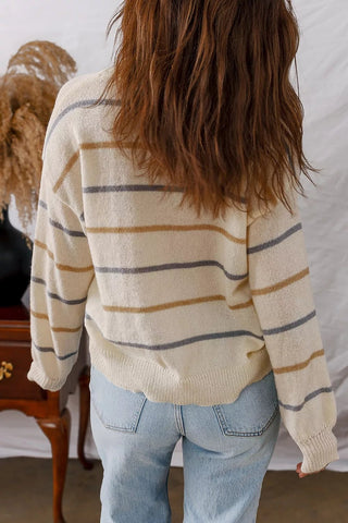Striped V-Neck Button-Up Cardigan - A Roese Boutique
