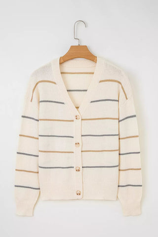 Striped V-Neck Button-Up Cardigan - A Roese Boutique