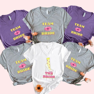 🍾 Team Bride & The Bride 💍 Bachelorette Party Matching V - Neck T-Shirts - A Roese Boutique