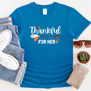 Thankful For Her/Him Thanksgiving Couple T-Shirt – Cute Matching Holiday Tees - A Roese Boutique