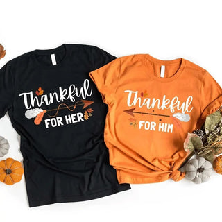 Thankful For Her/Him Thanksgiving Couple T-Shirt – Cute Matching Holiday Tees - A Roese Boutique