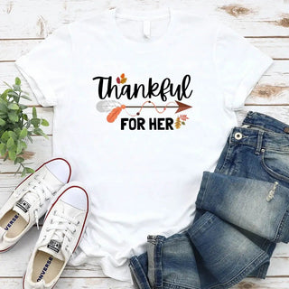 Thankful For Her/Him Thanksgiving Couple T-Shirt – Cute Matching Holiday Tees - A Roese Boutique