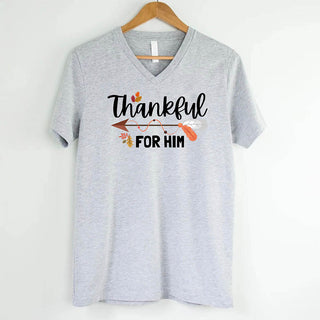 Thankful For Her/Him Thanksgiving Couple V - Neck – Cute Matching Holiday Shirt - A Roese Boutique