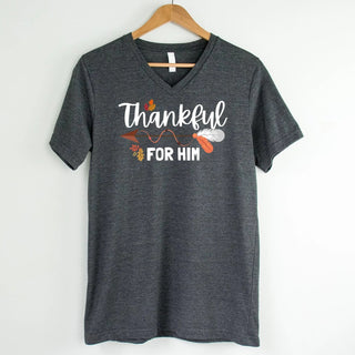 Thankful For Her/Him Thanksgiving Couple V - Neck – Cute Matching Holiday Shirt - A Roese Boutique