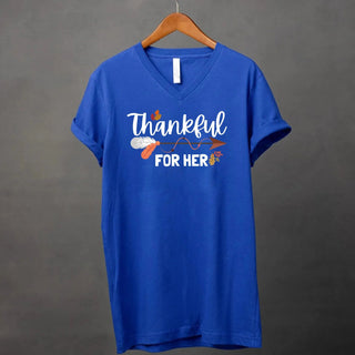 Thankful For Her/Him Thanksgiving Couple V - Neck – Cute Matching Holiday Shirt - A Roese Boutique