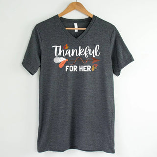 Thankful For Her/Him Thanksgiving Couple V - Neck – Cute Matching Holiday Shirt - A Roese Boutique