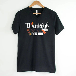 Thankful For Her/Him Thanksgiving Couple V - Neck – Cute Matching Holiday Shirt - A Roese Boutique