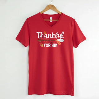 Thankful For Her/Him Thanksgiving Couple V - Neck – Cute Matching Holiday Shirt - A Roese Boutique