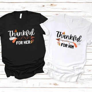 Thankful For Her/Him Thanksgiving Couple V - Neck – Cute Matching Holiday Shirt - A Roese Boutique