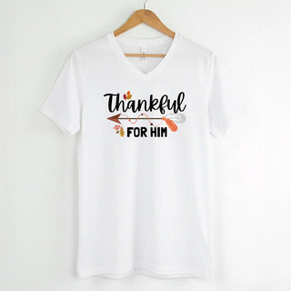Thankful For Her/Him Thanksgiving Couple V - Neck – Cute Matching Holiday Shirt - A Roese Boutique