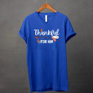 Thankful For Her/Him Thanksgiving Couple V - Neck – Cute Matching Holiday Shirt - A Roese Boutique