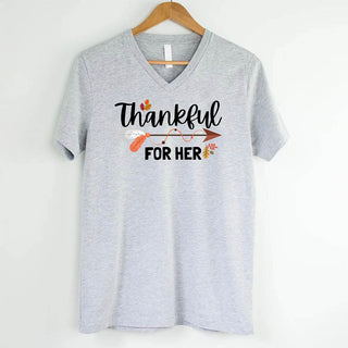 Thankful For Her/Him Thanksgiving Couple V - Neck – Cute Matching Holiday Shirt - A Roese Boutique