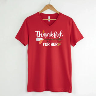Thankful For Her/Him Thanksgiving Couple V - Neck – Cute Matching Holiday Shirt - A Roese Boutique