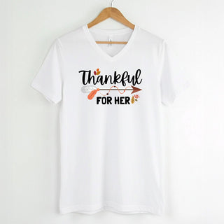 Thankful For Her/Him Thanksgiving Couple V - Neck – Cute Matching Holiday Shirt - A Roese Boutique