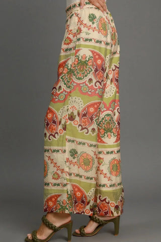 Umgee Full Size Wide Leg Border Print Pants Plus Size - A Roese Boutique