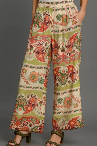 Umgee Full Size Wide Leg Border Print Pants Plus Size - A Roese Boutique