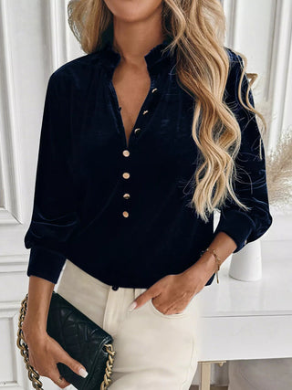 Velvet Button Front Long Sleeve Blouse - A Roese Boutique