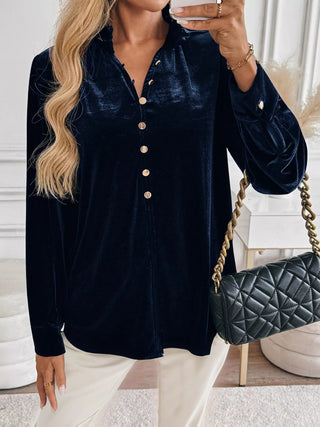 Velvet Button Front Long Sleeve Blouse - A Roese Boutique