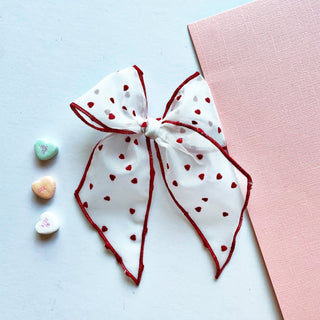 Vintage Flocked Sheer Red Heart Elle Bow - A Roese Boutique