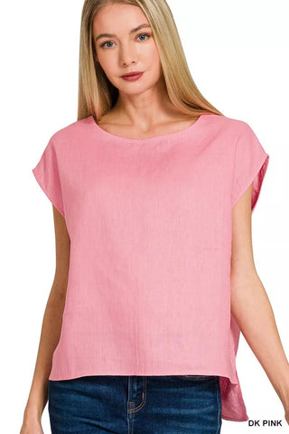 Zenana Linen Round Neck Cap Sleeve Top - A Roese Boutique