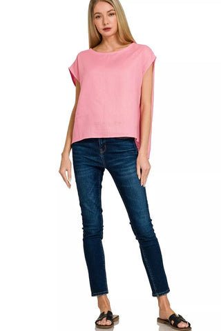 Zenana Linen Round Neck Cap Sleeve Top - A Roese Boutique