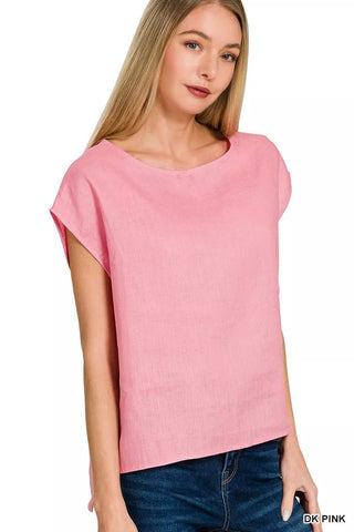 Zenana Linen Round Neck Cap Sleeve Top - A Roese Boutique