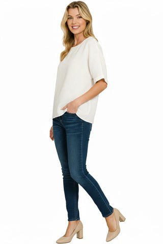 Zenana Linen Round Neck Cuffed Sleeve Top - A Roese Boutique