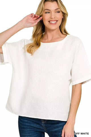 Zenana Linen Round Neck Cuffed Sleeve Top - A Roese Boutique